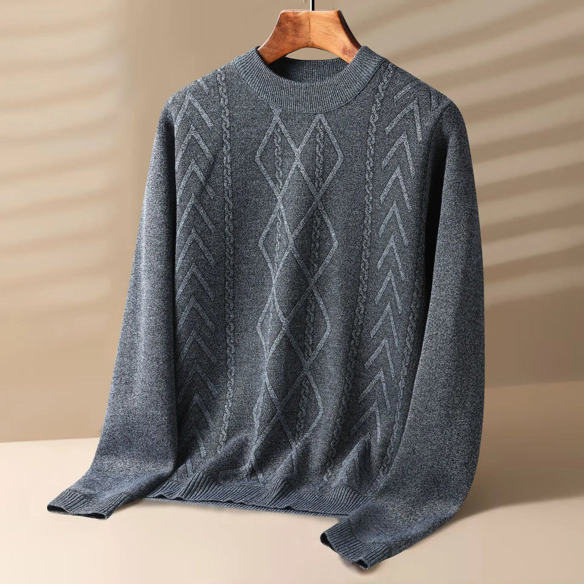 Men's crew neck jumper with a raised diamond and cable knit pattern - grey