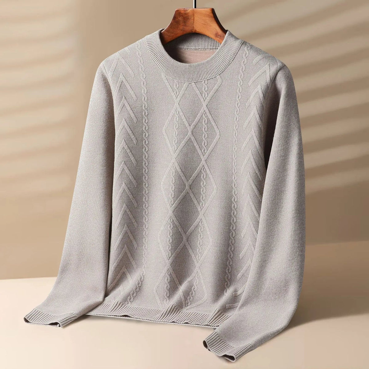 Men's crew neck jumper with a raised diamond and cable knit pattern - view 6