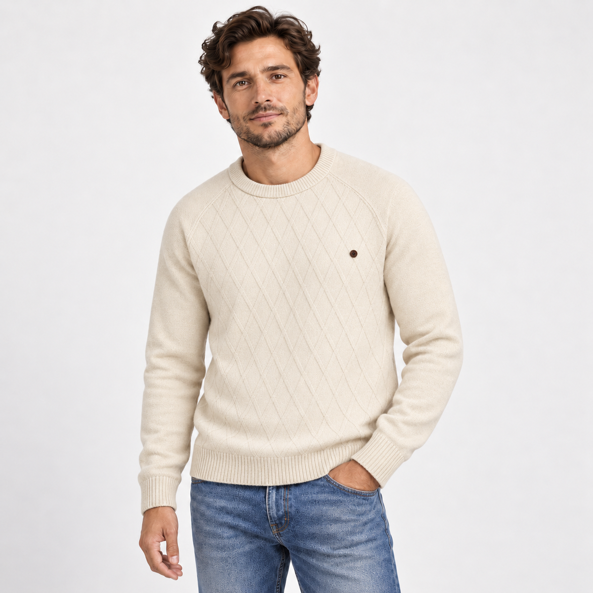 Men's crew neck jumper with a raised diamond knit on the front