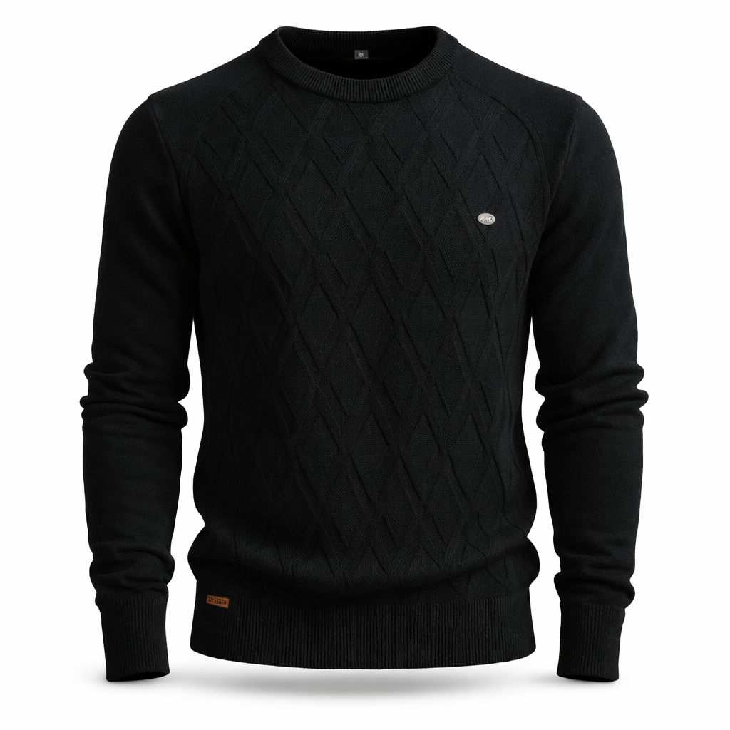 Men's crew neck jumper with a raised diamond knit on the front - black