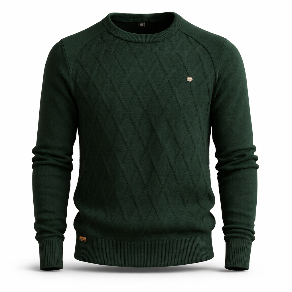 Men's crew neck jumper with a raised diamond knit on the front - dark green