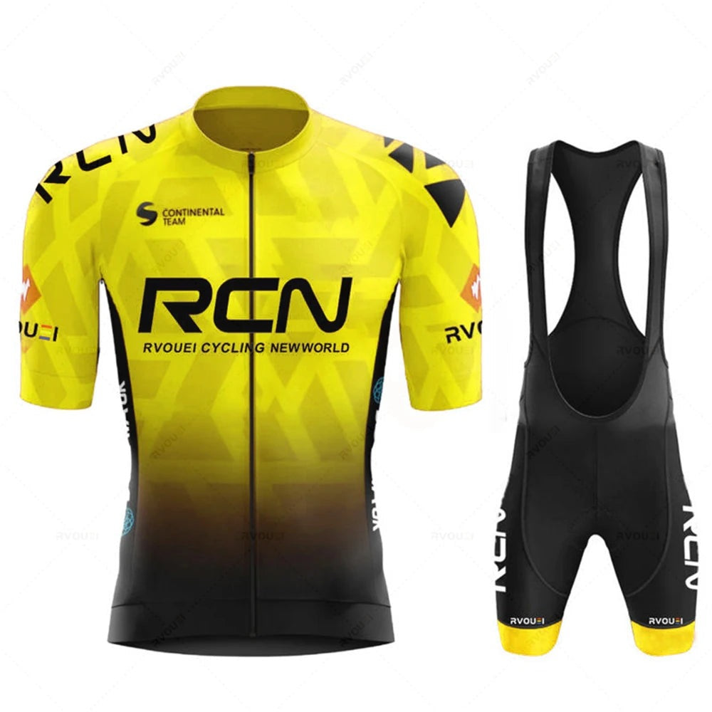 Men's cycling kit with a short-sleeve jersey and padded shorts - yellow - bib shorts