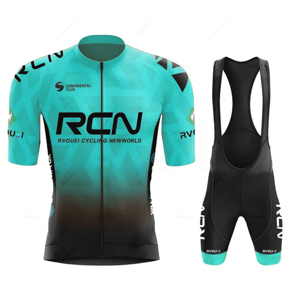 Men's cycling kit with a short-sleeve jersey and padded shorts - turquoise - bib shorts
