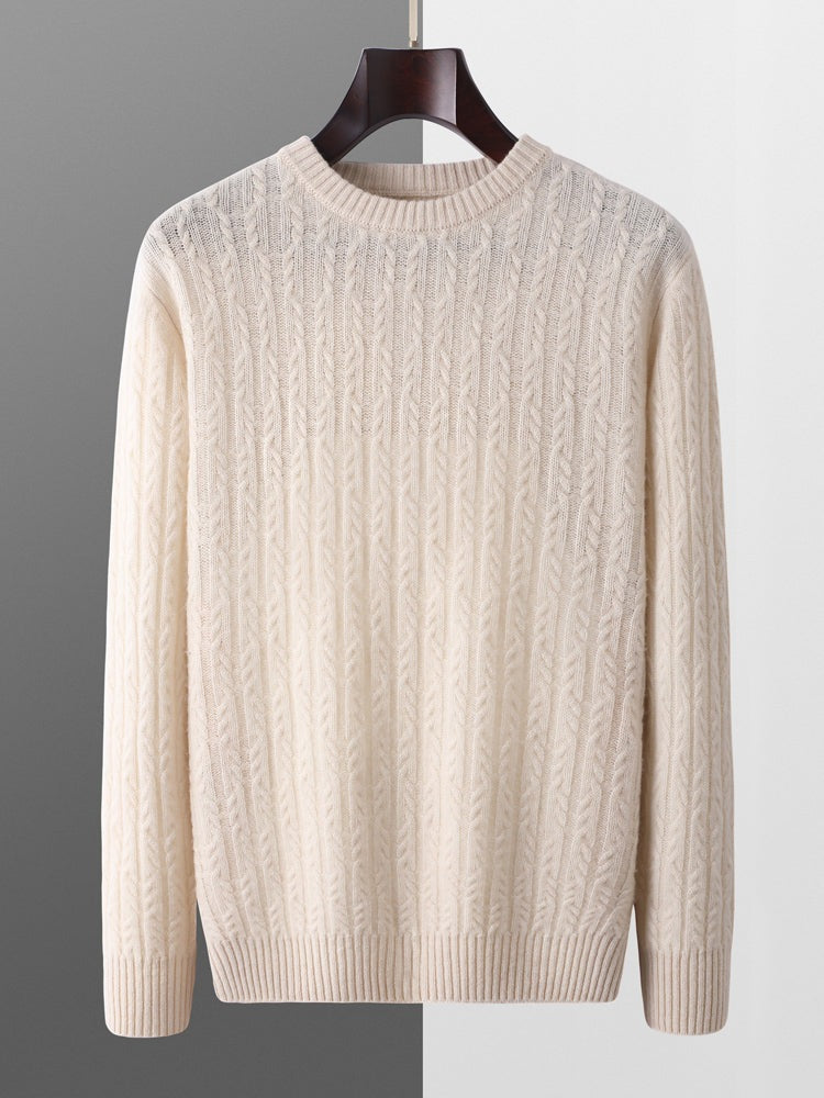 Men's crew neck jumper in a dense cable knit with ribbed trims - ecru