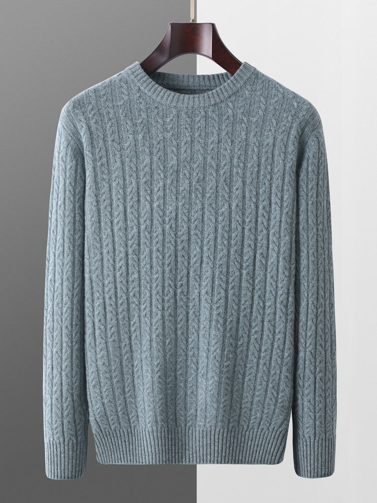 Men's crew neck jumper in a dense cable knit with ribbed trims - grey blue