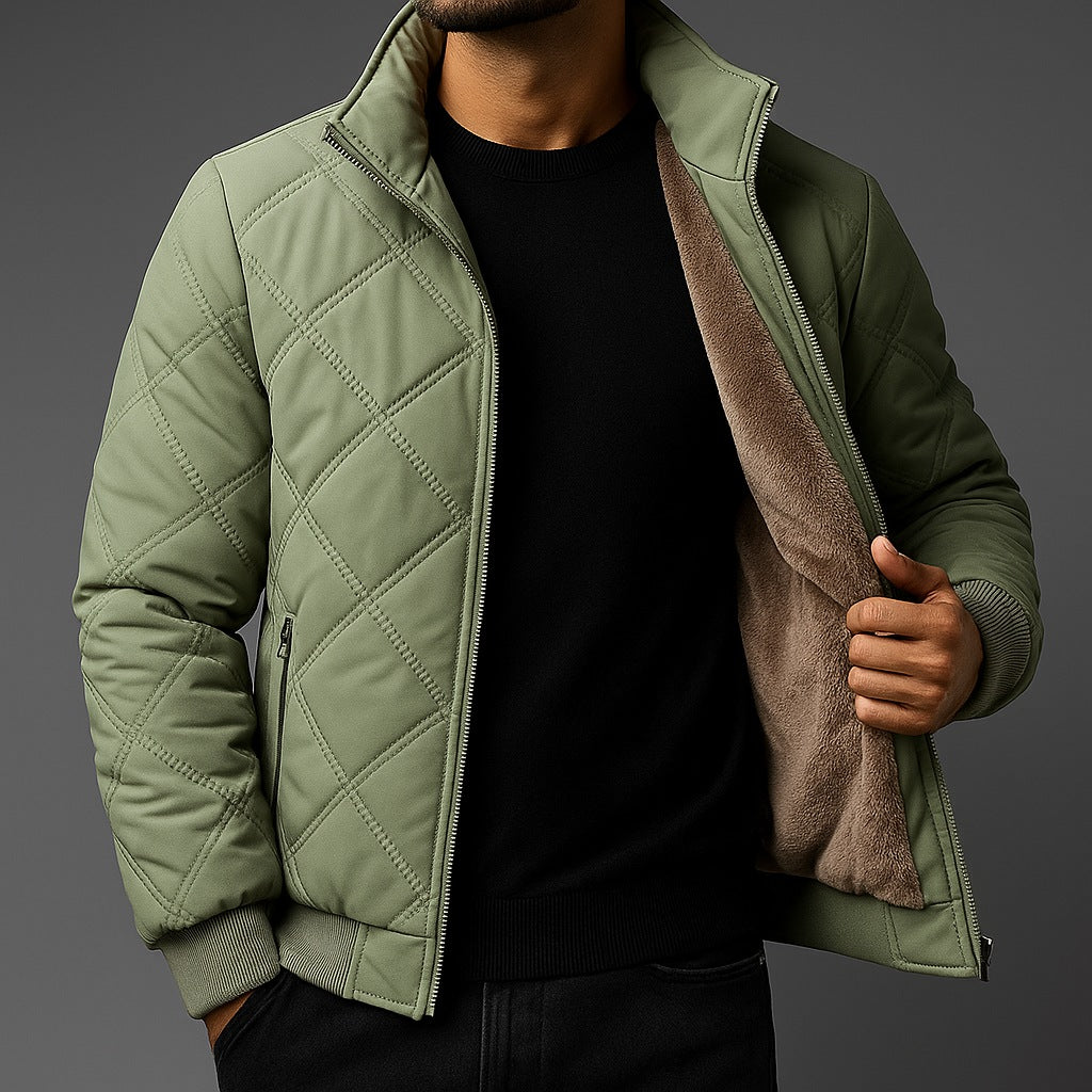 Men's diamond-quilted jacket with a plush lining and stand collar - sage green