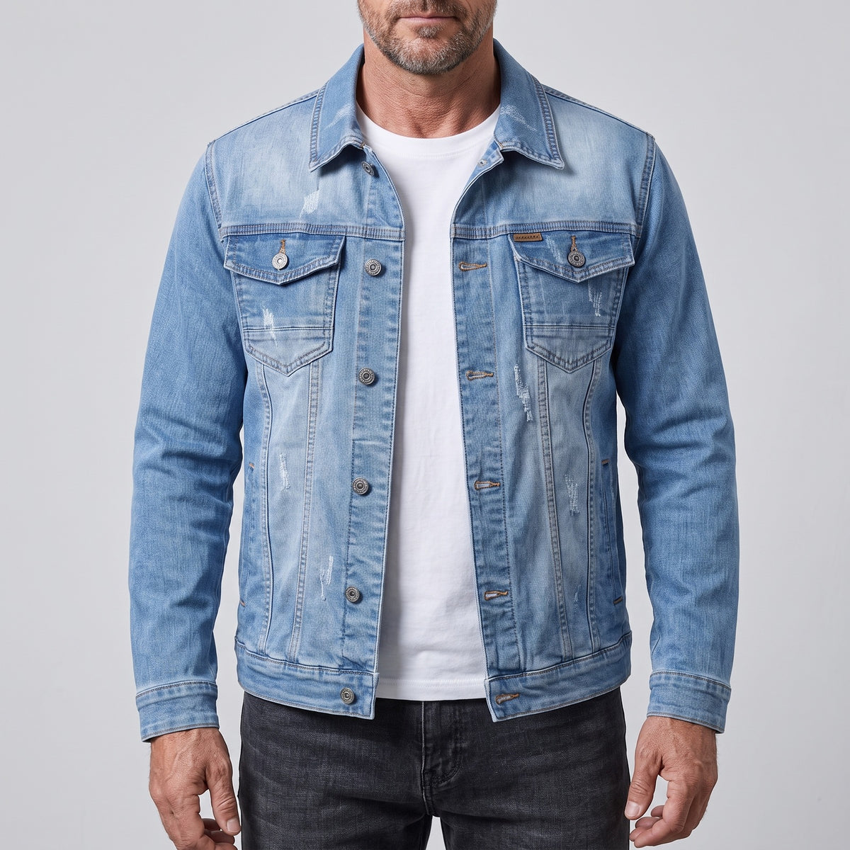 Men's distressed denim jacket with two chest pockets - light blue