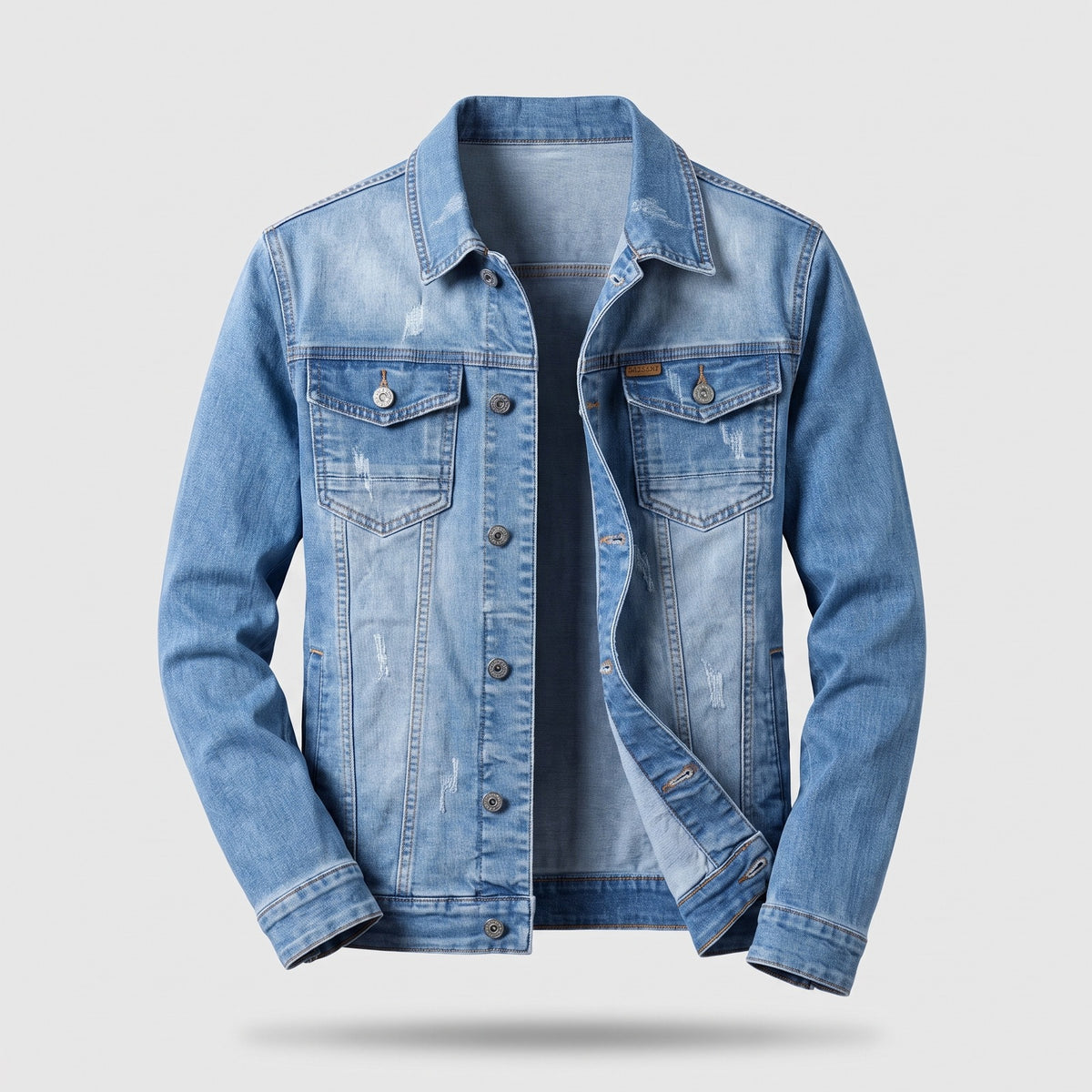 Men's distressed denim jacket with two chest pockets - light blue