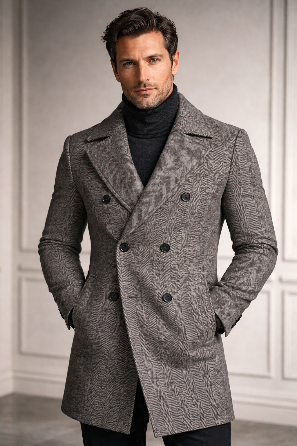 Men's double-breasted herringbone coat with wide lapels