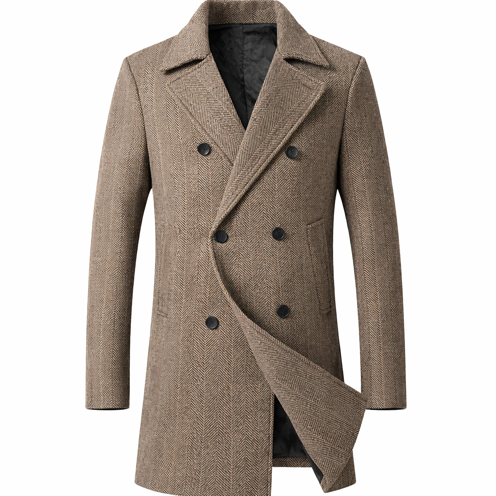 Men's double-breasted herringbone coat with wide lapels - taupe