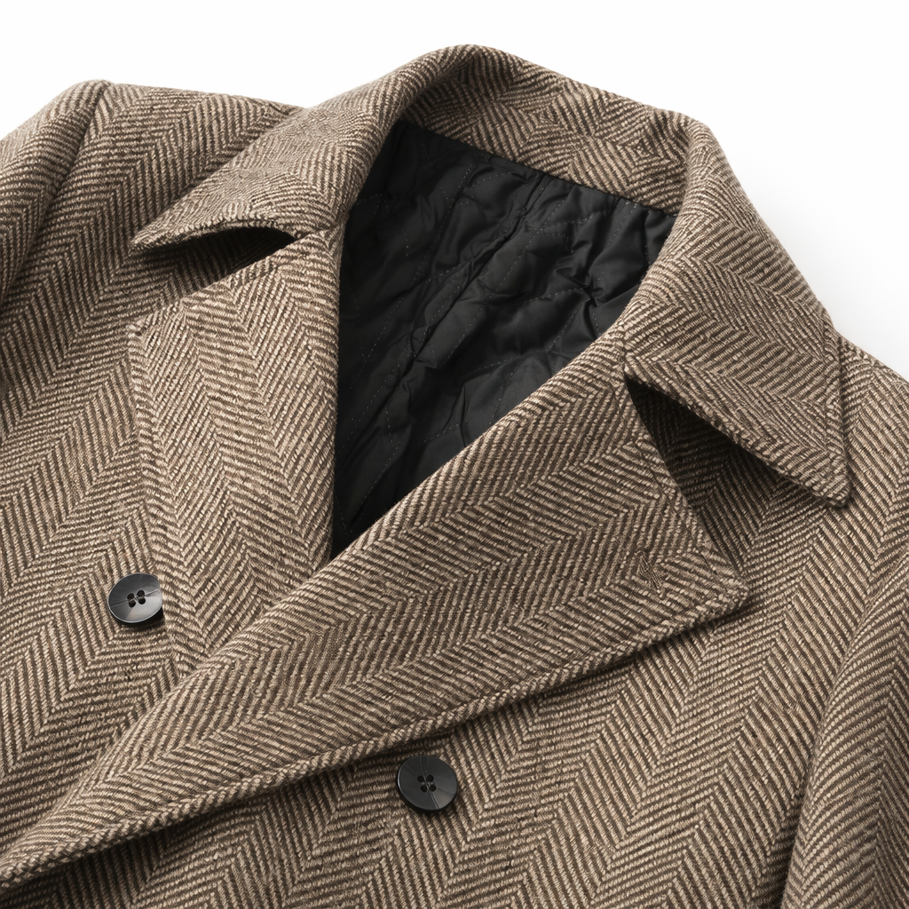 Men's double-breasted herringbone coat with wide lapels