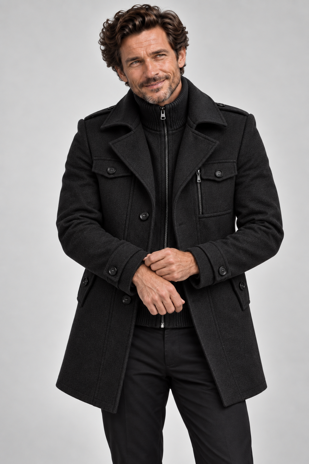 Men's double-collar coat with a knitted zip bib and epaulettes