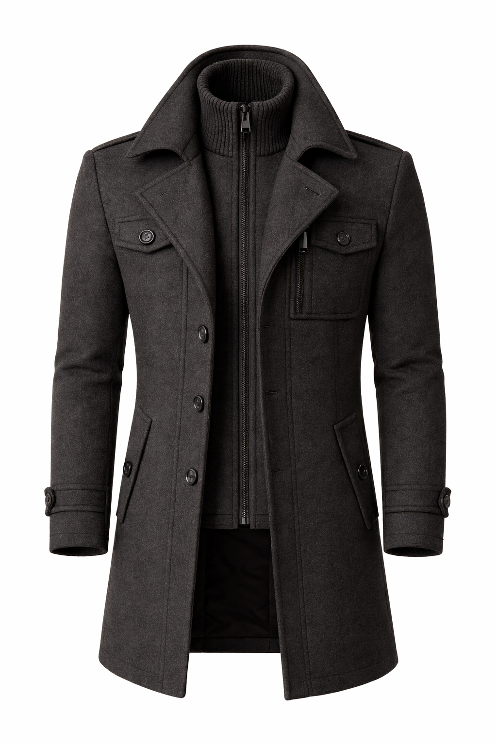 Men's double-collar coat with a knitted zip bib and epaulettes - charcoal