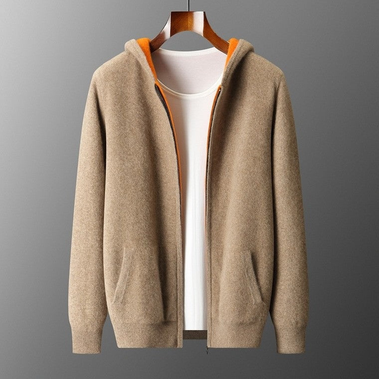 Men's double-faced knit zip-up hoodie with a hood and full-length zip