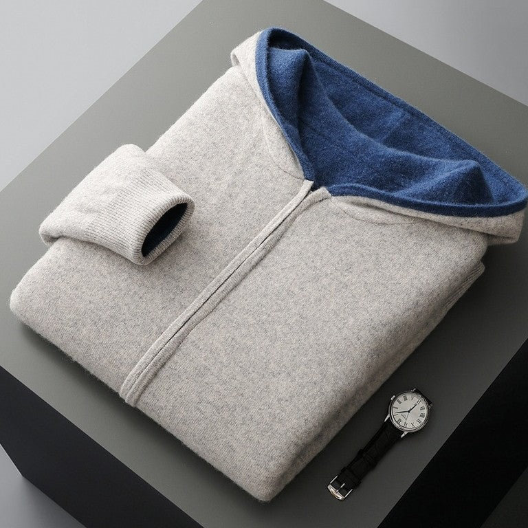 Men's double-faced knit zip-up hoodie with a hood and full-length zip - light grey/blue