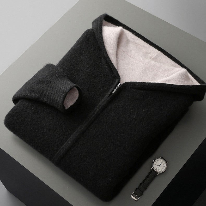 Men's double-faced knit zip-up hoodie with a hood and full-length zip - black/off-white