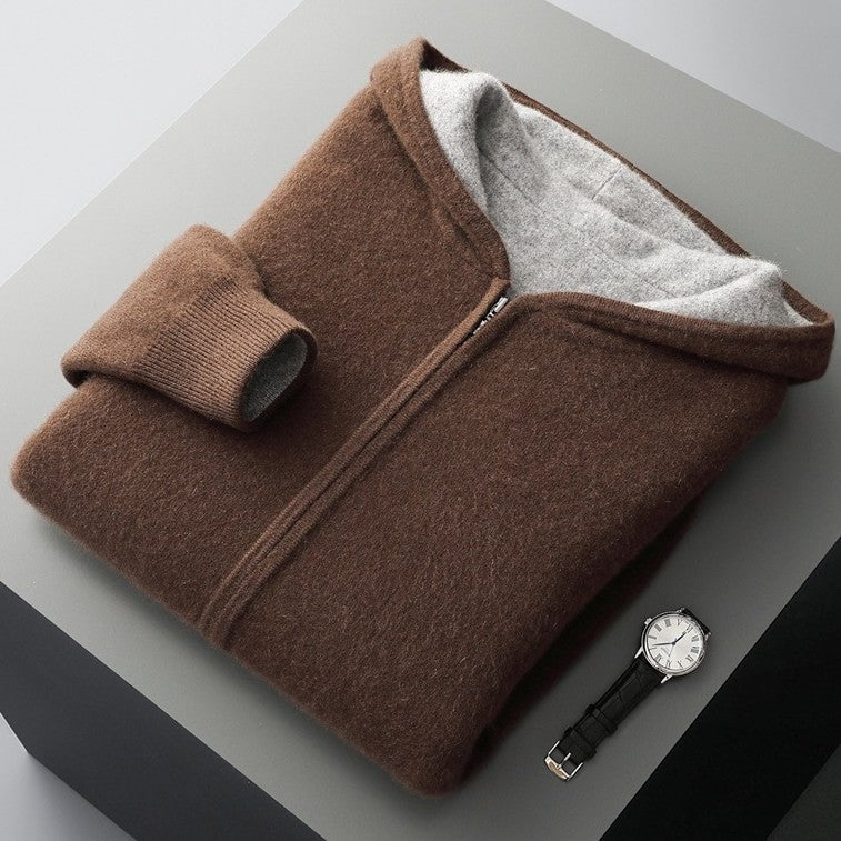 Men's double-faced knit zip-up hoodie with a hood and full-length zip - brown/light grey