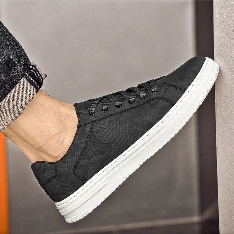 Men's low faux leather trainers with an embossed geometric pattern and a white rubber sole - view 5