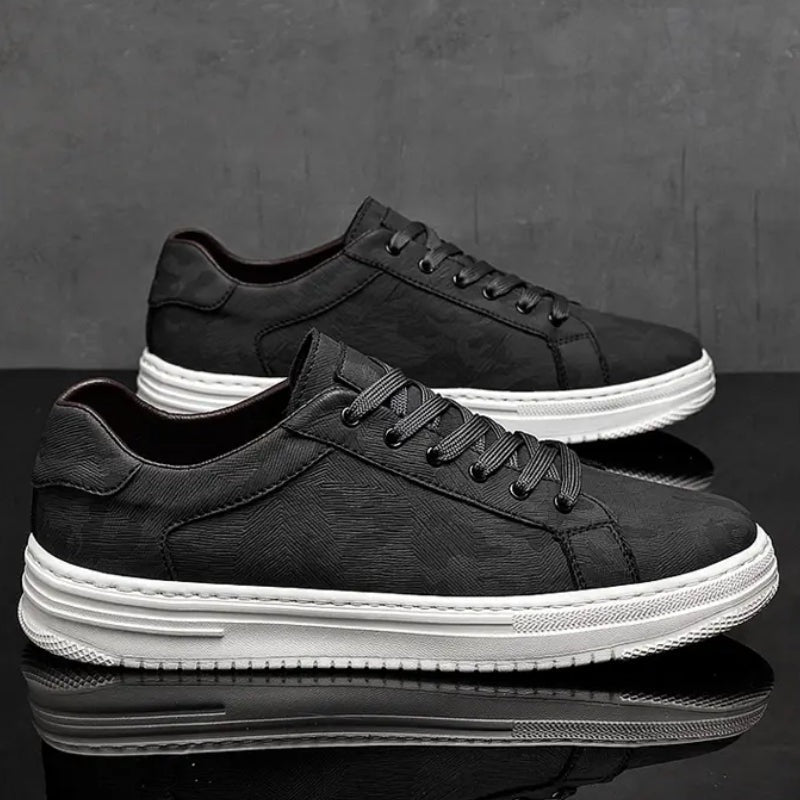 Men's low faux leather trainers with an embossed geometric pattern and a white rubber sole - view 7