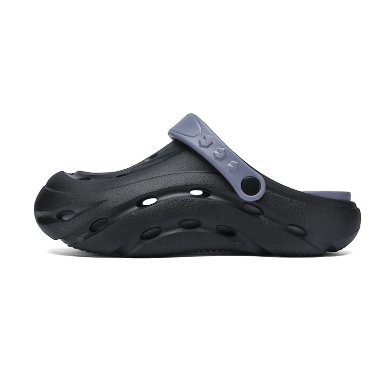 EVA clogs with a closed toe, vent holes, thick sole and pivoting heel strap - black