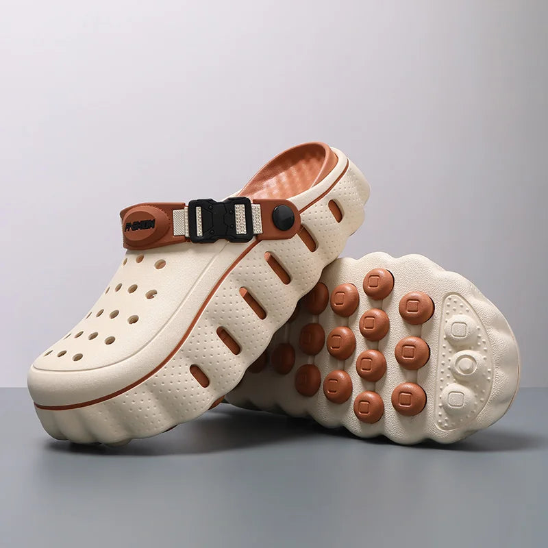 EVA clogs with a closed toe, thick scalloped sole and buckle heel strap
