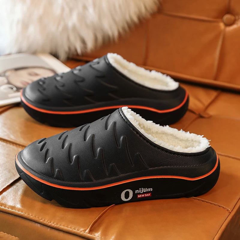 Men's slippers in EVA with fleece lining, thick sole and open heel - black/orange