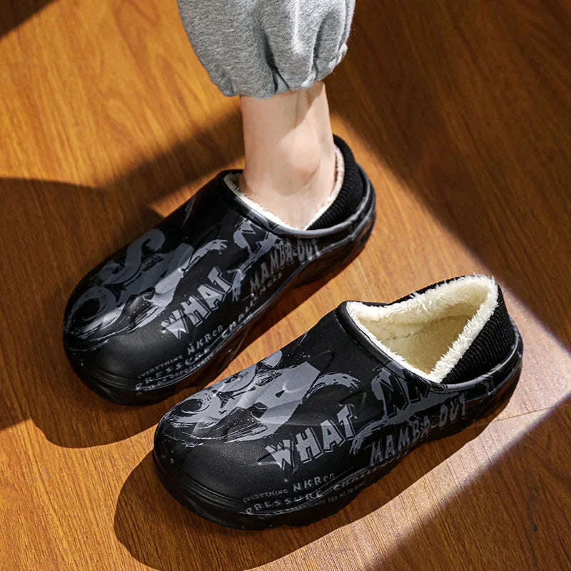 Men's EVA slippers with graphic print, plush lining and fold-down heel - view 2