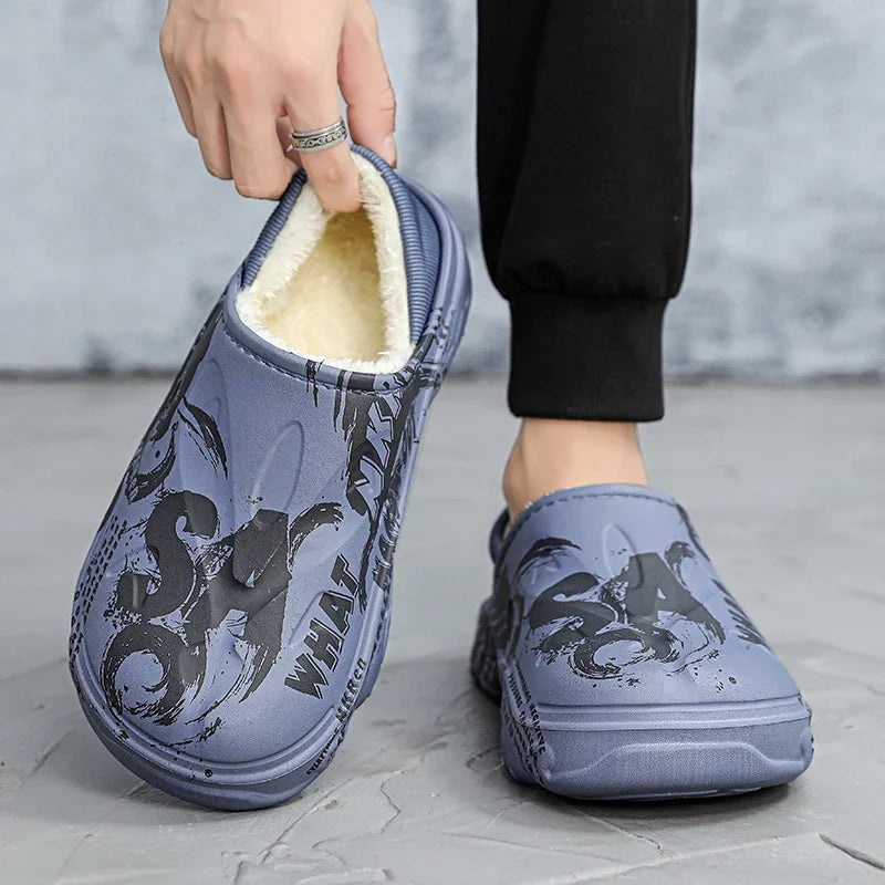 Men's EVA slippers with graphic print, plush lining and fold-down heel - view 3
