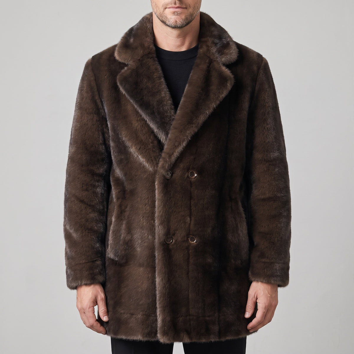Men's faux fur coat with notch lapels and a double-breasted front - brown
