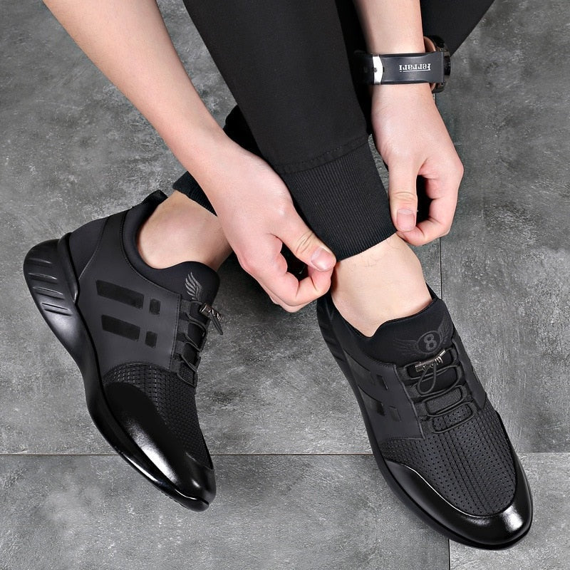 Men's faux leather trainers with perforated mesh and elastic toggle laces - view 3