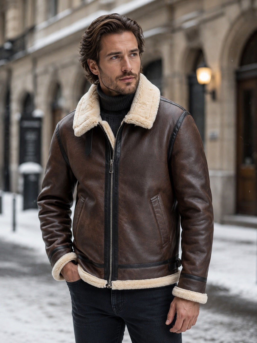 Men's faux leather aviator jacket with a wide faux shearling collar - dark brown