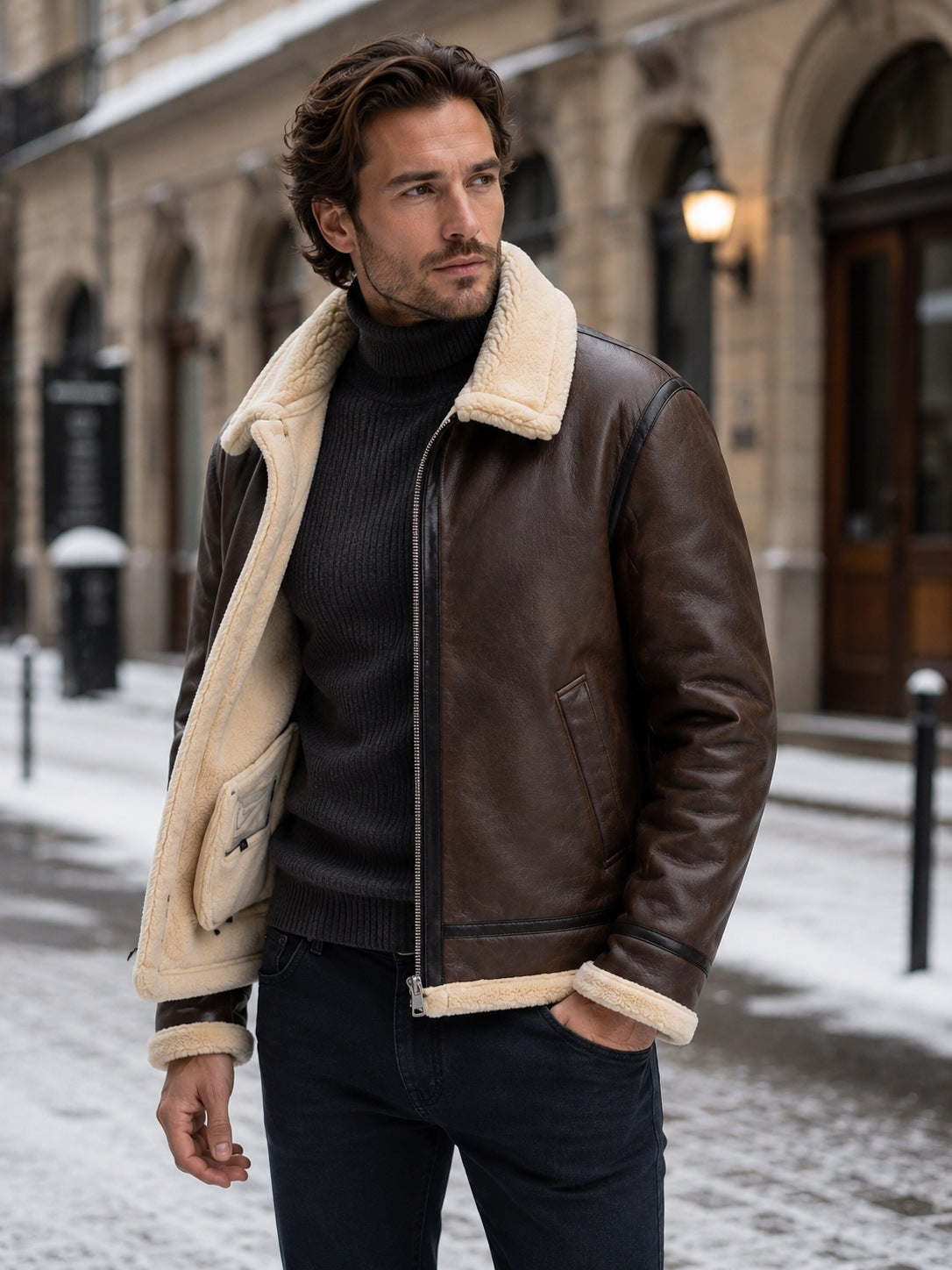 Men's faux leather aviator jacket with a wide faux shearling collar - view 2