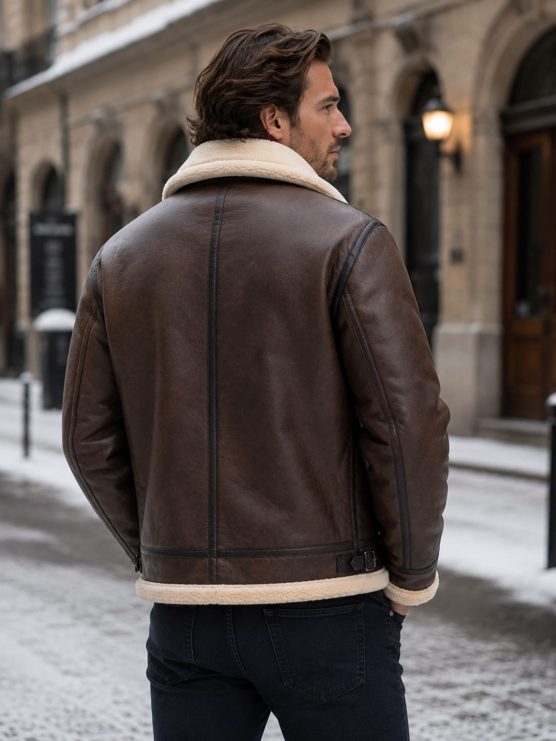 Men's faux leather aviator jacket with a wide faux shearling collar - view 3
