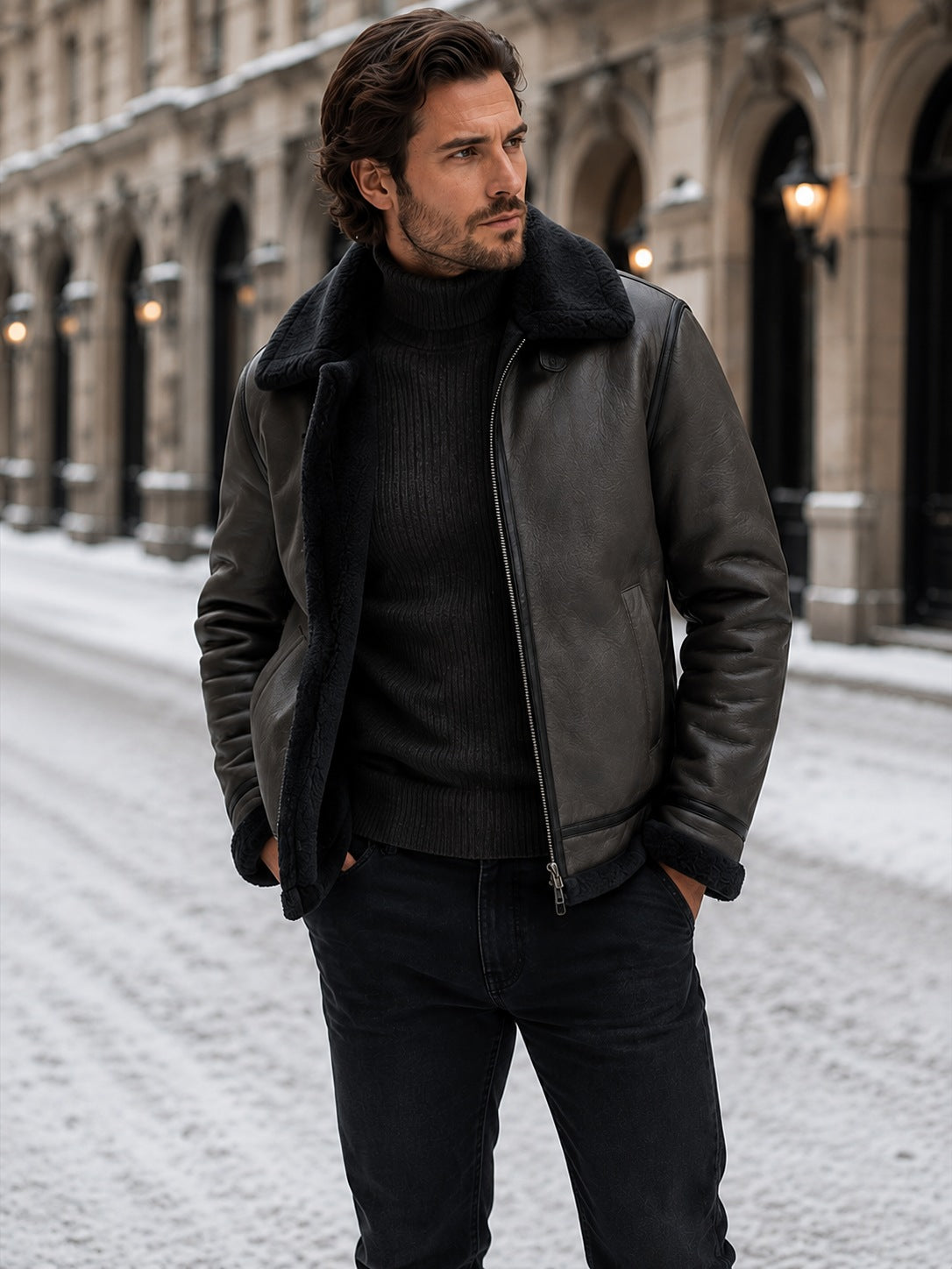 Men's faux leather aviator jacket with a wide faux shearling collar - black