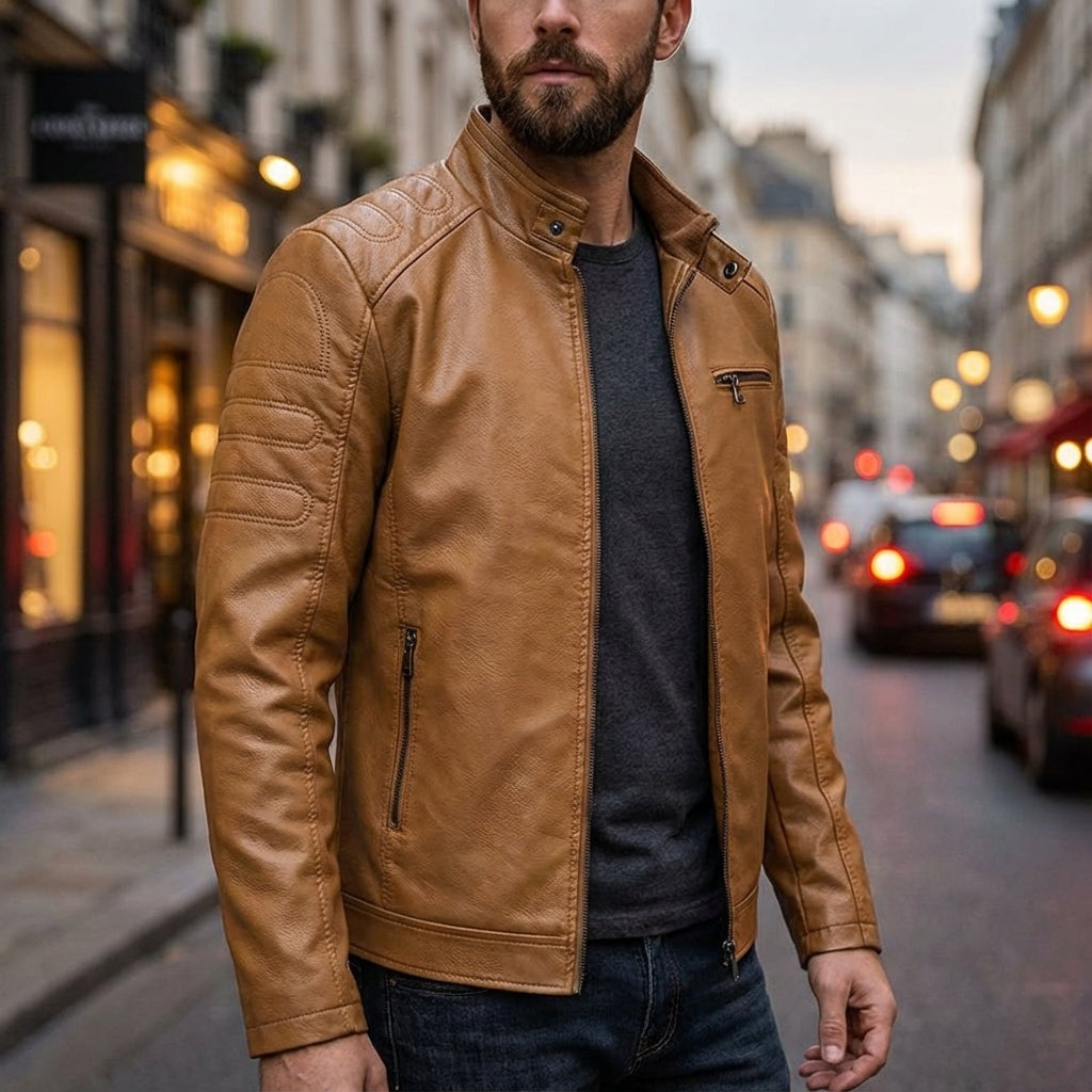 Men's faux leather biker jacket with a stand collar and quilted shoulders - view 2
