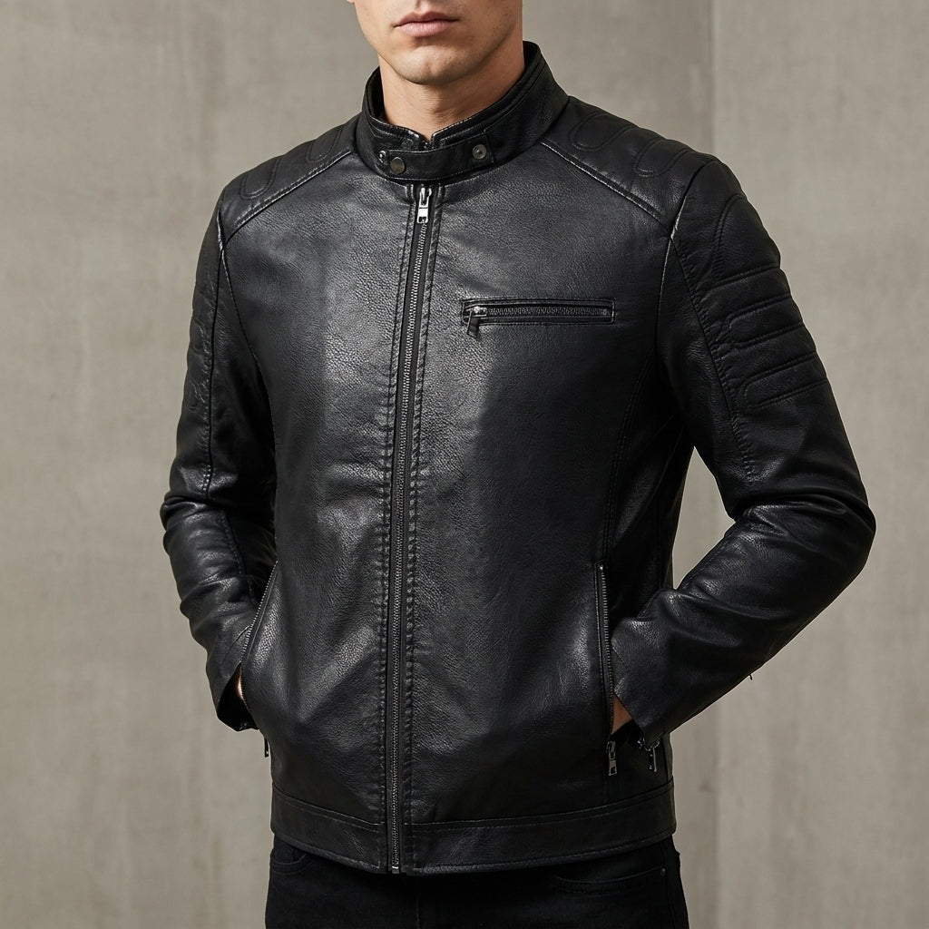 Men's faux leather biker jacket with a stand collar and quilted shoulders - view 7