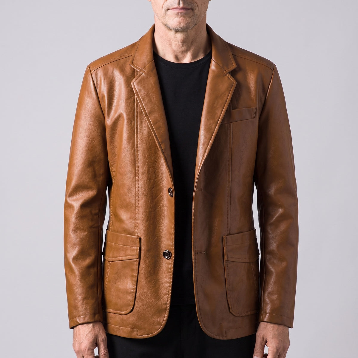 Men's faux leather blazer with notch lapels and patch pockets - brown