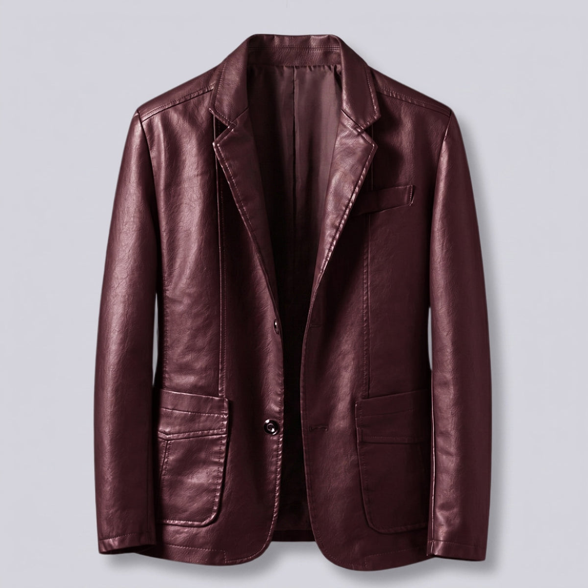 Men's faux leather blazer with notch lapels and patch pockets - burgundy