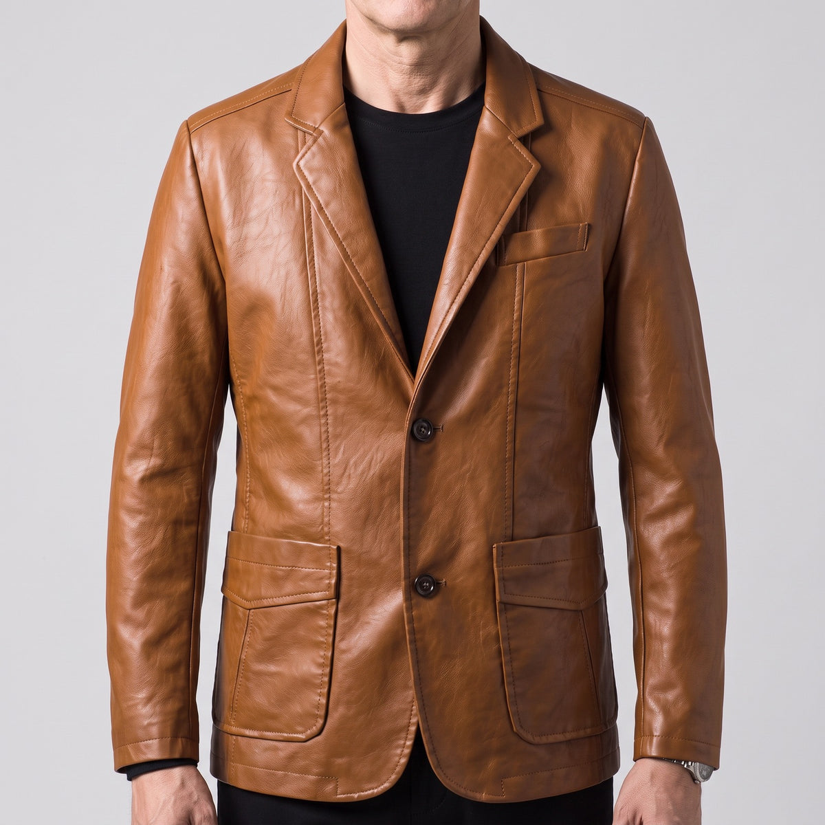Men's faux leather blazer with two buttons and patch pockets - cognac