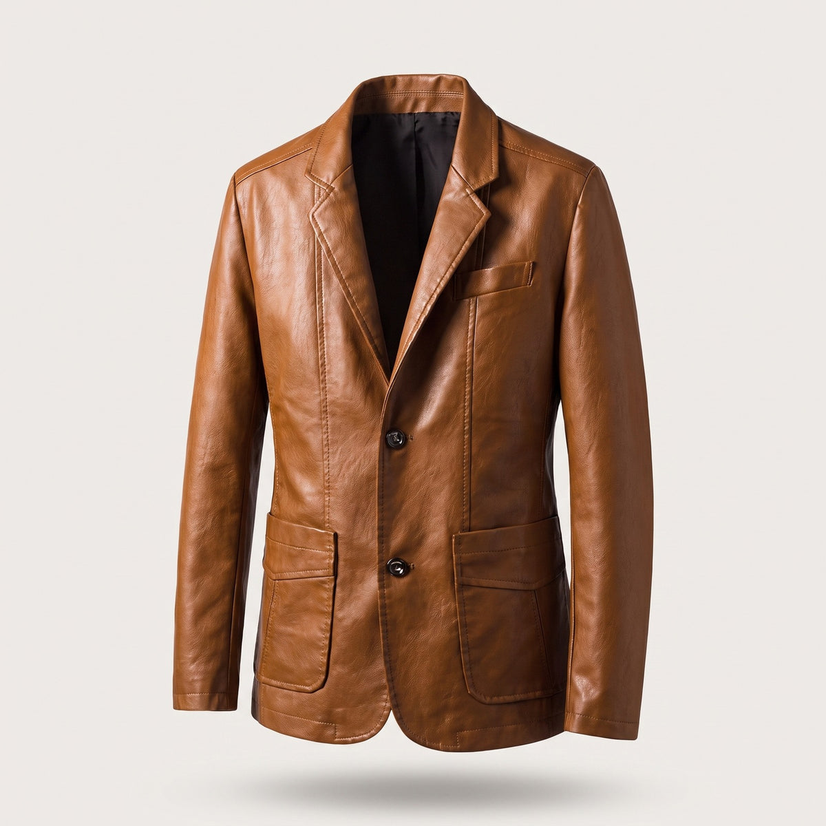 Men's faux leather blazer with two buttons and patch pockets - cognac