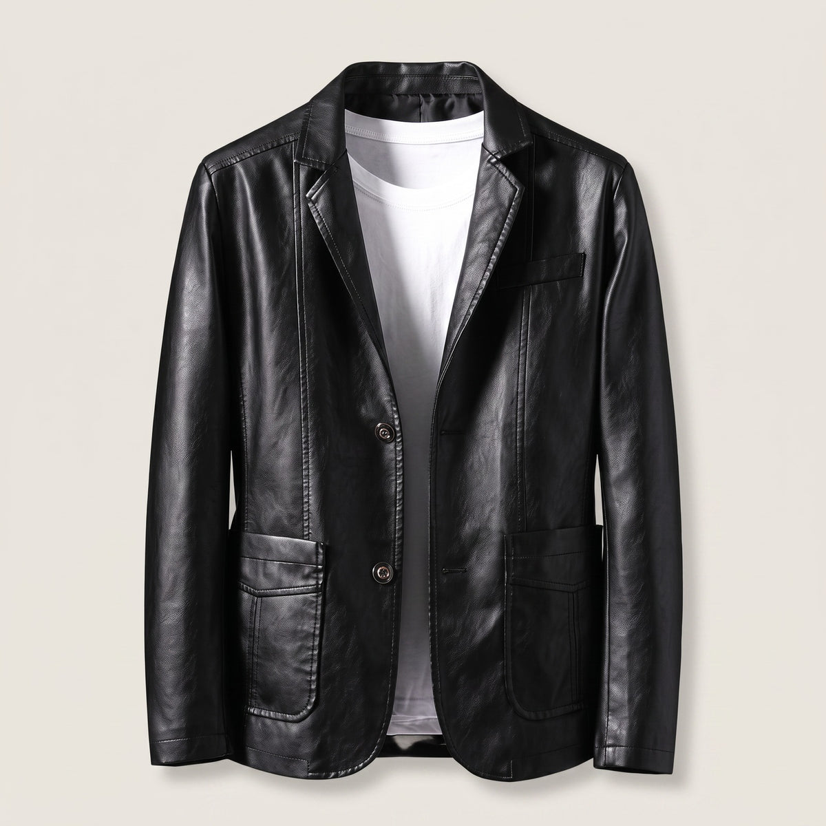Men's faux leather blazer with two buttons and patch pockets - black