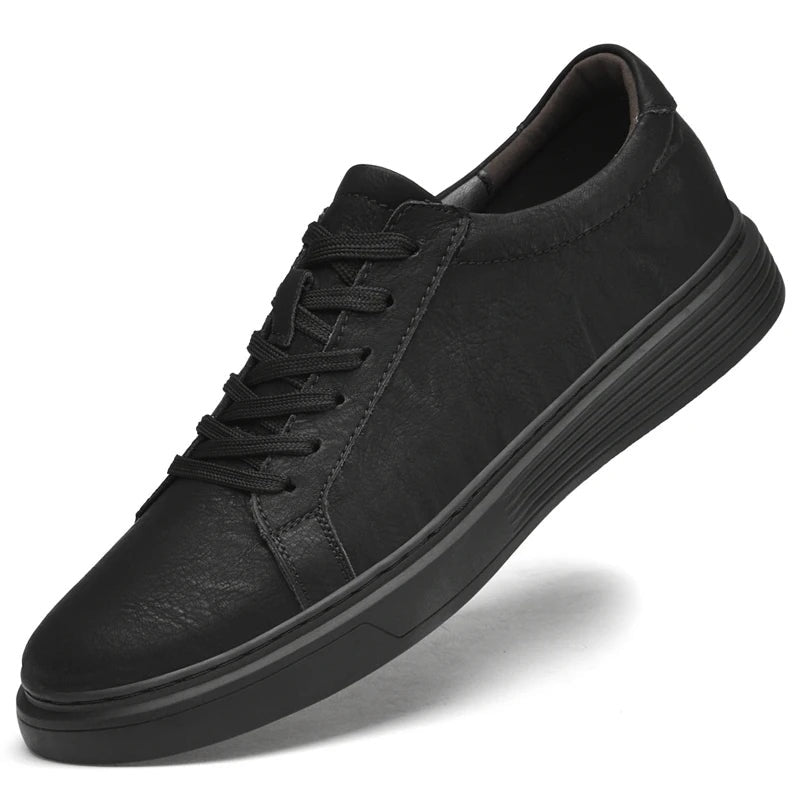 Men's matte faux leather trainers with white contrast stitching and a ribbed cupsole - black