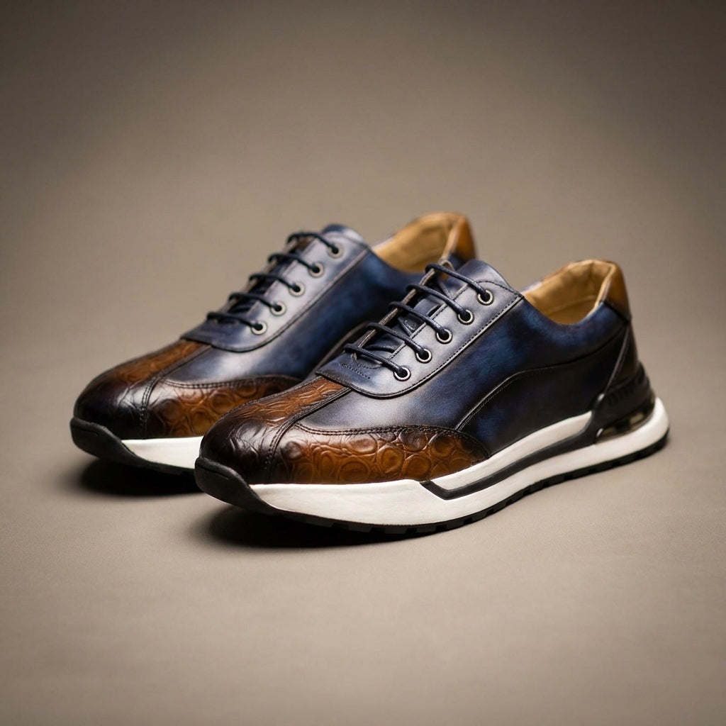 Men's faux leather trainers with a patina finish, croc-embossed toe and an air cushion in the heel - view 6