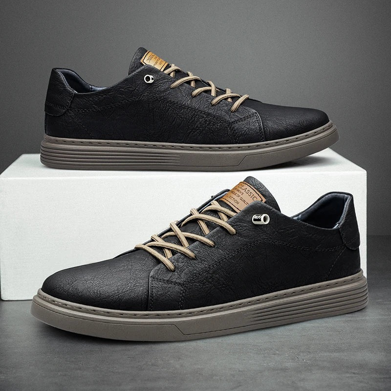 Men's matte faux leather trainers with a flat ribbed cupsole and contrast laces - view 2
