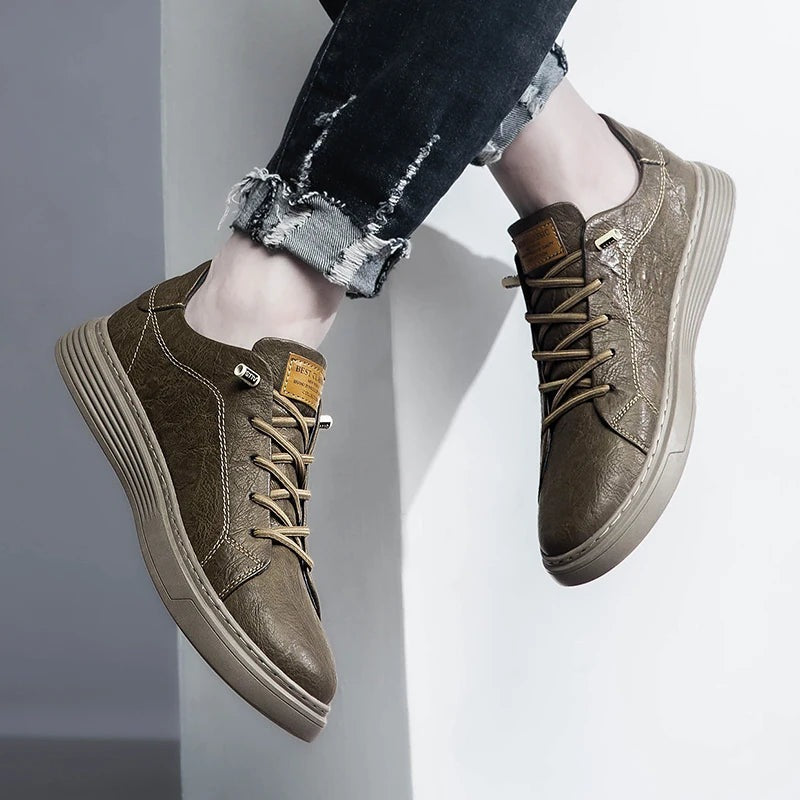 Men's matte faux leather trainers with a flat ribbed cupsole and contrast laces - view 7