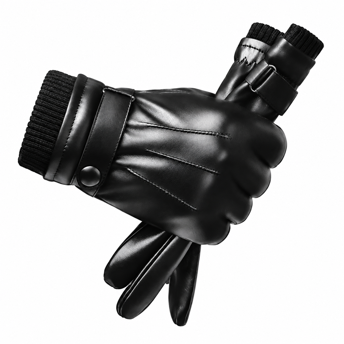 Men's faux leather gloves with a knitted cuff and a wrist strap - black