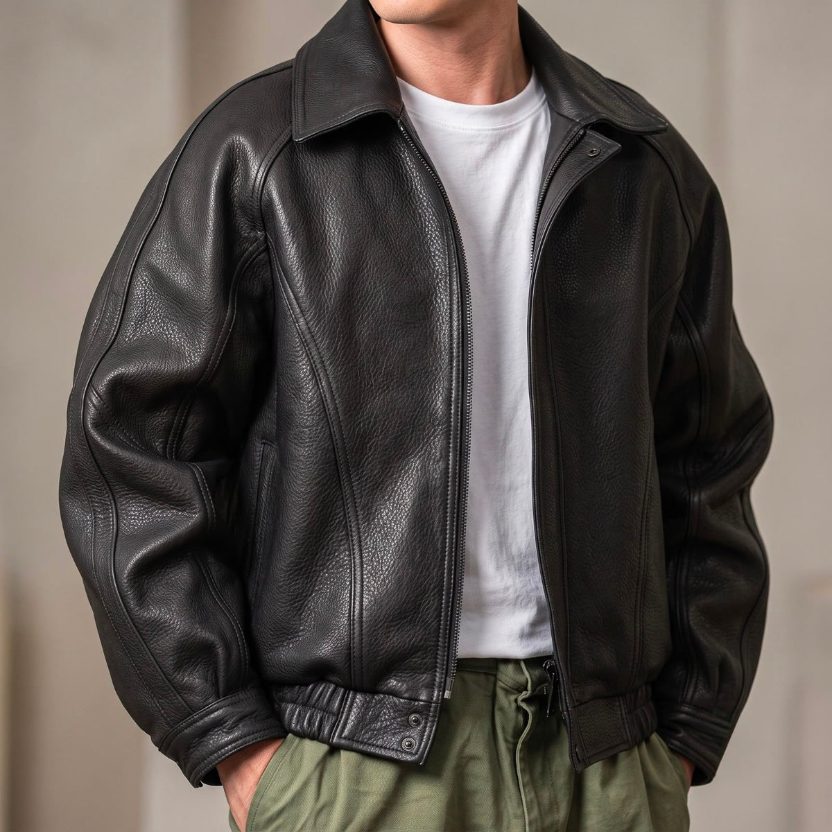 PU leather jacket for men with collar, zip, curved seams and elastic hem - black