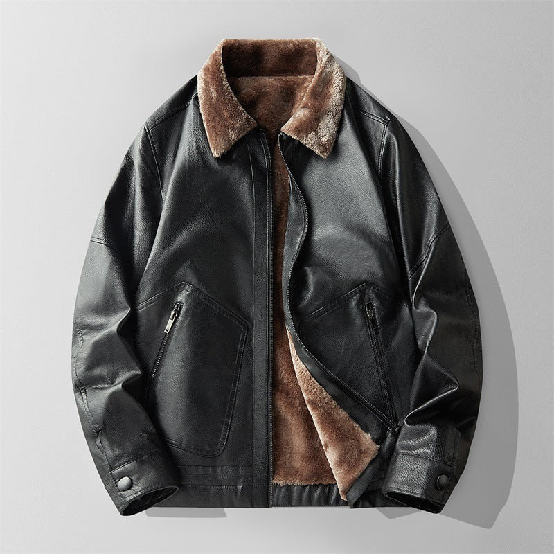 Men's faux leather jacket with a plush collar and zipped patch pockets - black