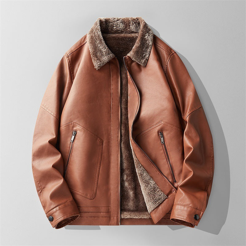 Men's faux leather jacket with a plush collar and zipped patch pockets - cognac