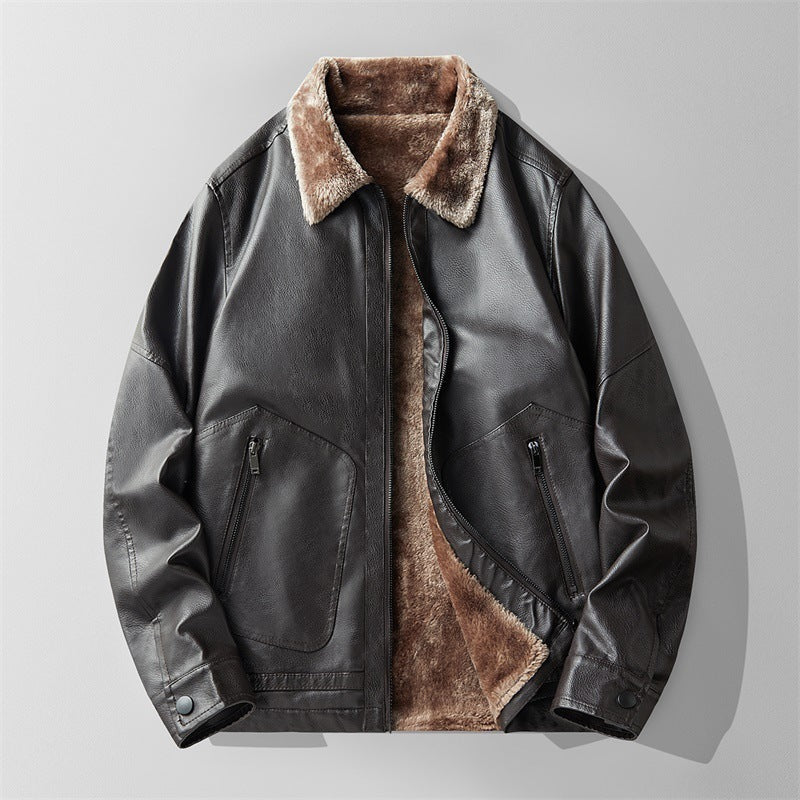 Men's faux leather jacket with a plush collar and zipped patch pockets - dark brown